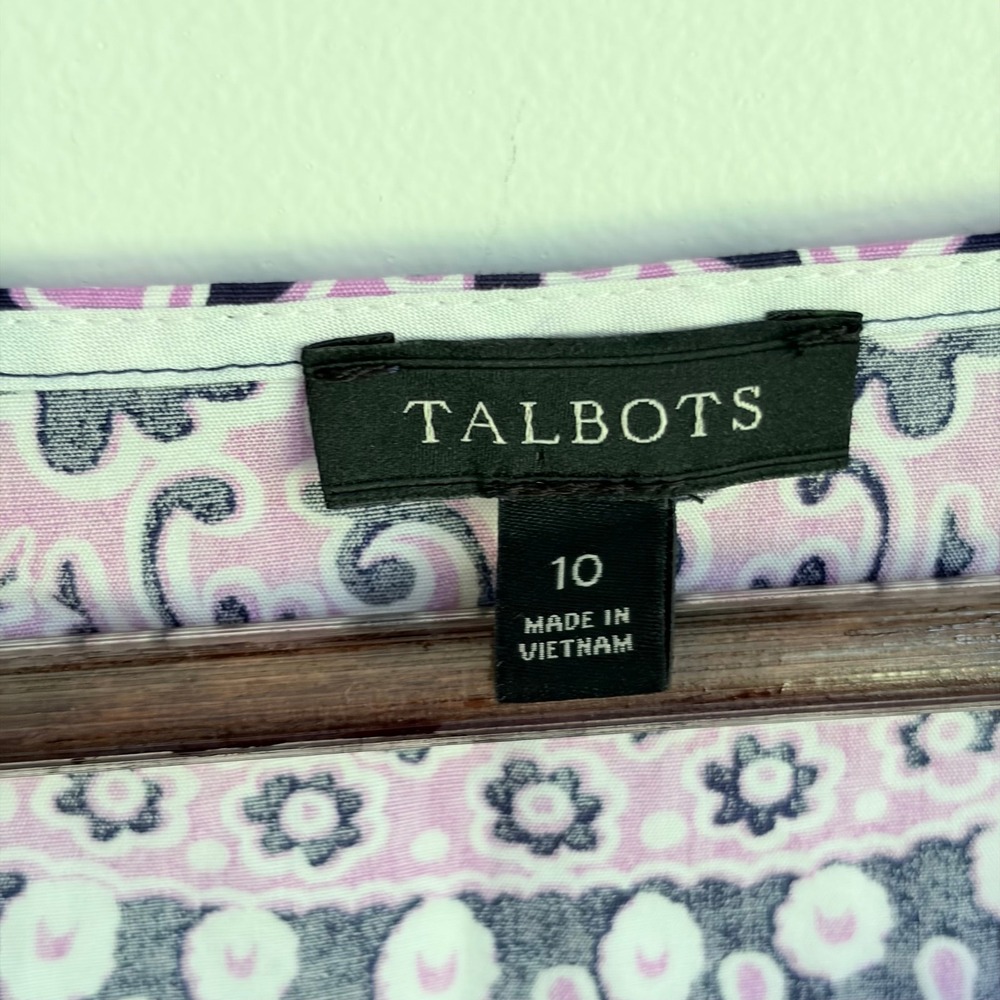 Talbots Fit Flare Dress 10 Preppy Pink Navy Medallion Cotton Sleeveless A-Line - Picture 6 of 7